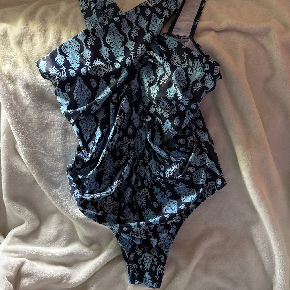 Stylish Navy and Light Blue One-Piece Swimsuit Medium meet.curve